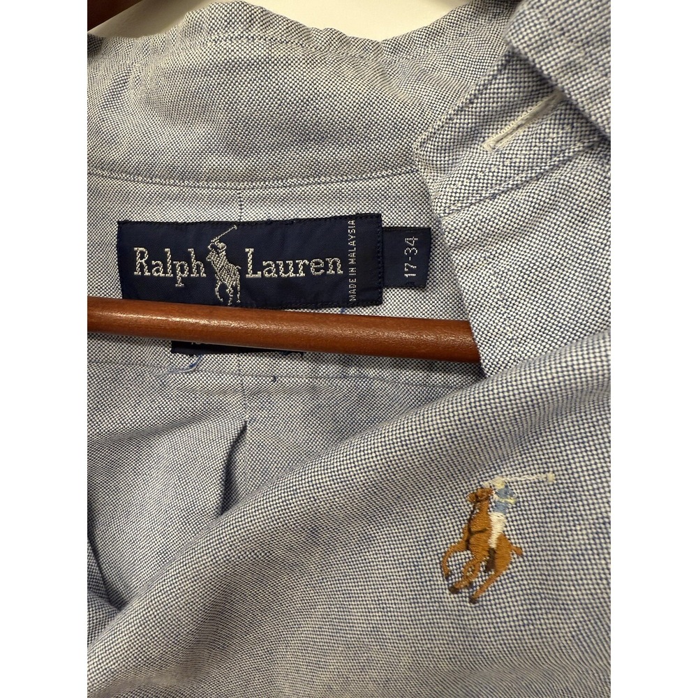 Ralph Lauren Mens Dress Shirt Blue Oxford Cotton Flesh Pony Size 17 - 34 Easter